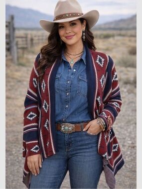Wrangler Southwestern Open-Front Cardigan in Burgundy & Navy